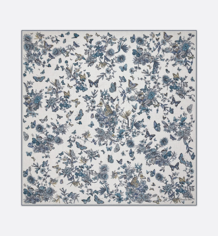 Toile de Jouy Mexico Shawl • White and Pastel Midnight Blue Cashmere