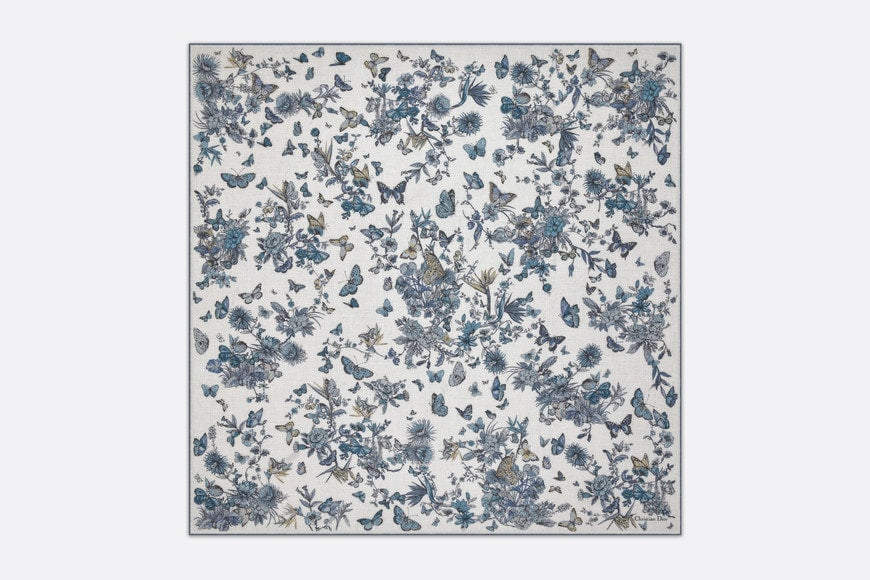 Toile de Jouy Mexico Shawl • White and Pastel Midnight Blue Cashmere