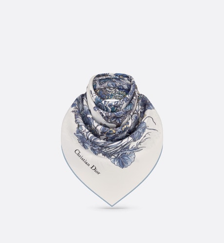 Butterfly Around the World 90 Square Scarf • White and Pastel Midnight Blue Silk Twill