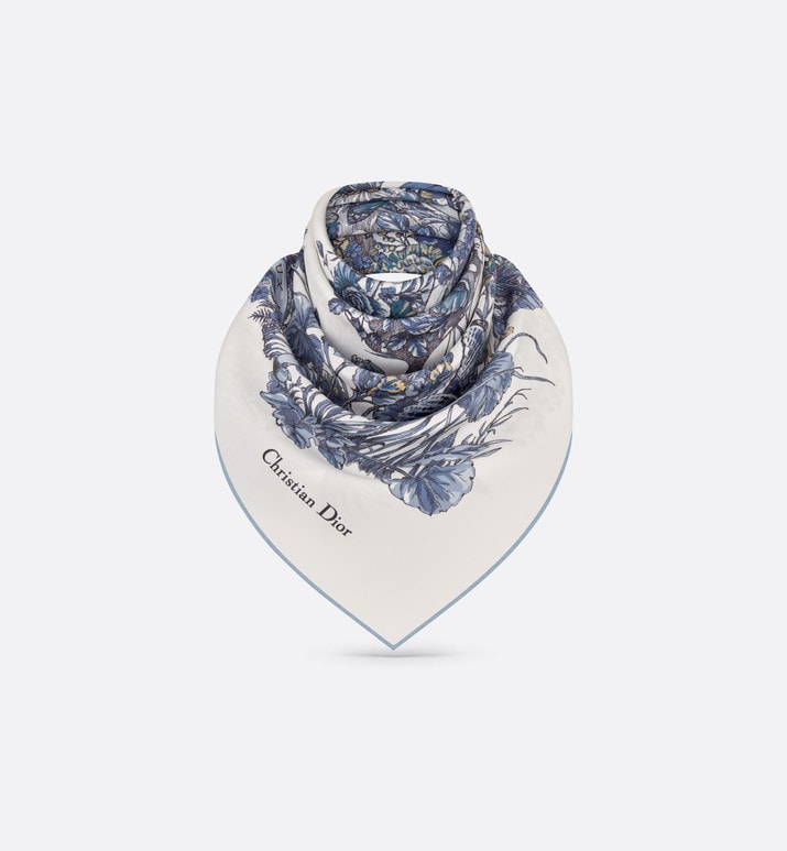 Butterfly Around the World 90 Square Scarf • White and Pastel Midnight Blue Silk Twill
