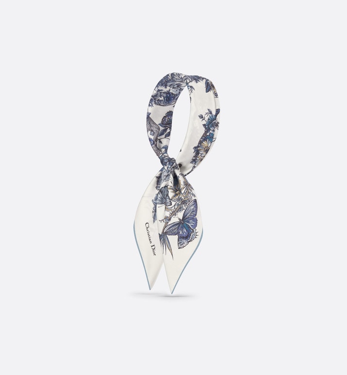 Butterfly Around the World 90 Square Scarf • White and Pastel Midnight Blue Silk Twill