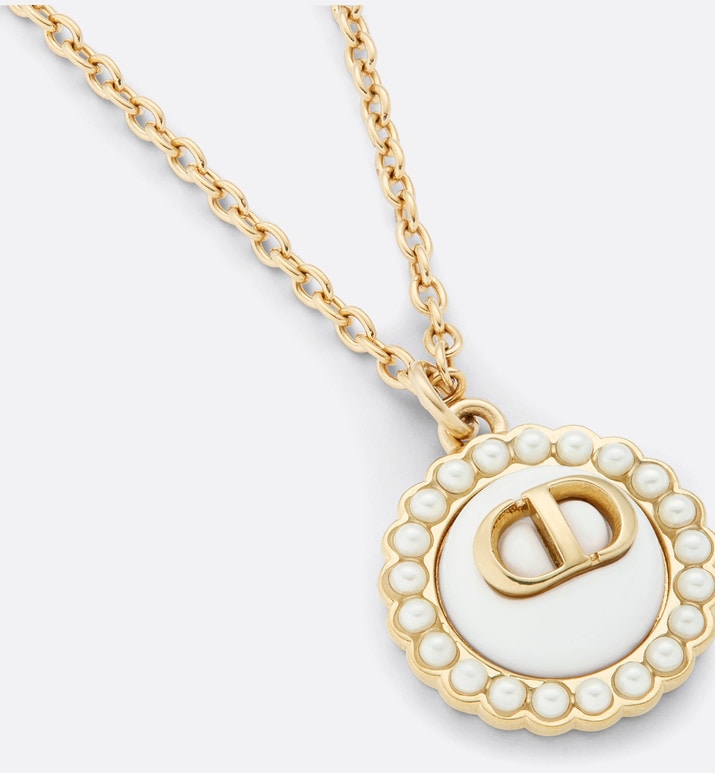 Petit CD Necklace • Gold-Finish Metal with White Resin Pearls and Latte Glass