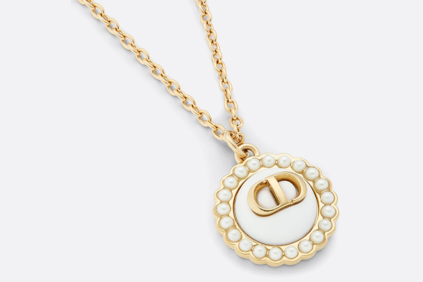 Petit CD Necklace • Gold-Finish Metal with White Resin Pearls and Latte Glass