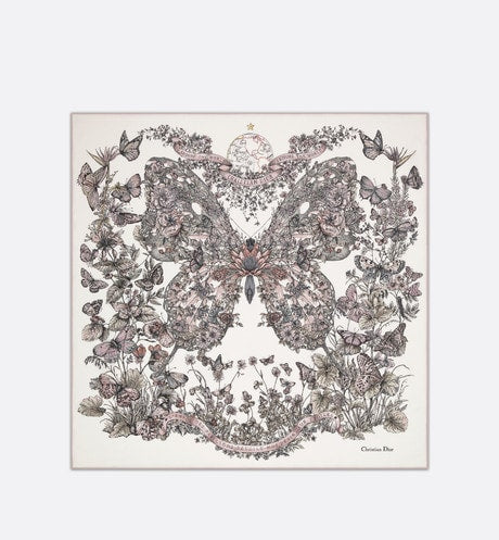 Butterfly Around the World 90 Square Scarf • White and Pastel Pink Silk Twill