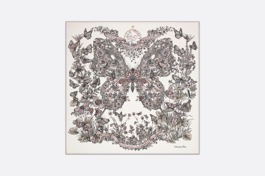 Butterfly Around the World 90 Square Scarf • White and Pastel Pink Silk Twill