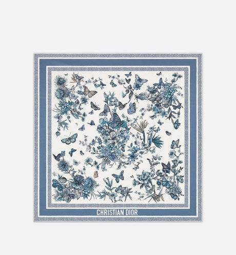 Toile de Jouy Mexico 90 Square Scarf • White and Pastel Midnight Blue Silk Twill
