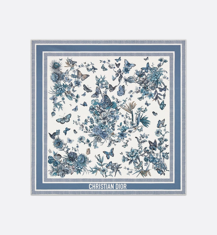 Toile de Jouy Mexico 90 Square Scarf • White and Pastel Midnight Blue Silk Twill