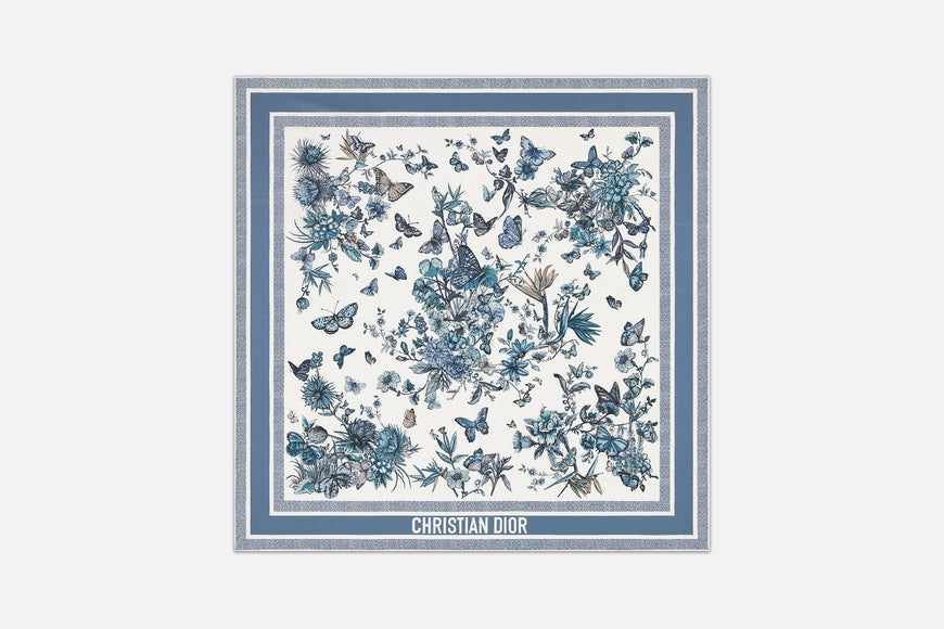 Toile de Jouy Mexico 90 Square Scarf • White and Pastel Midnight Blue Silk Twill