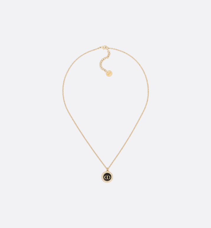 Petit CD Necklace • Gold-Finish Metal with White Resin Pearls and Black Glass