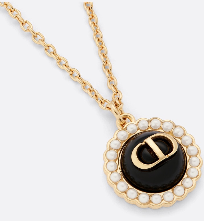 Petit CD Necklace • Gold-Finish Metal with White Resin Pearls and Black Glass