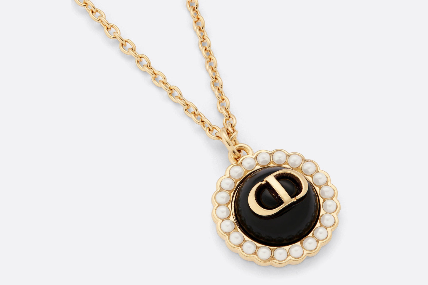 Petit CD Necklace • Gold-Finish Metal with White Resin Pearls and Black Glass
