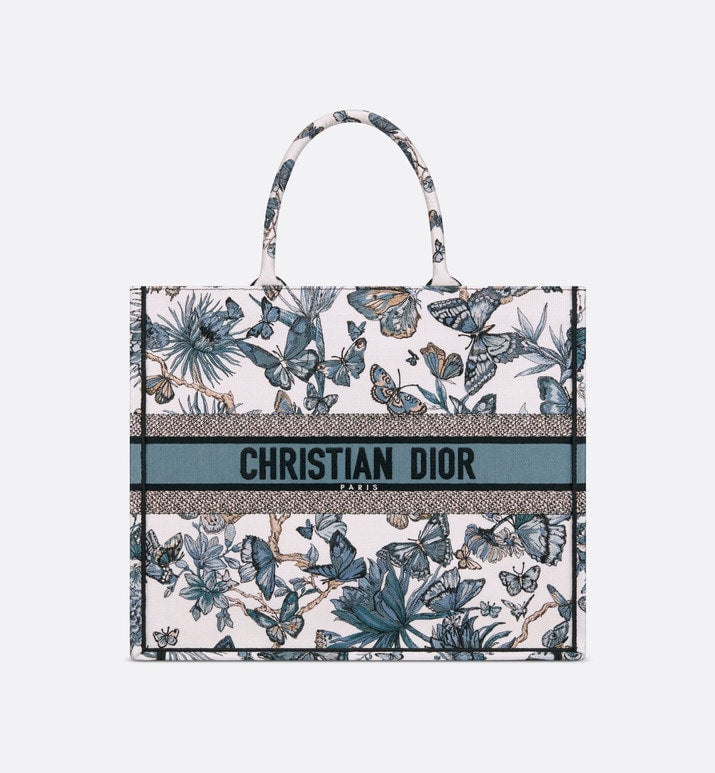 Large Dior Book Tote • White and Pastel Midnight Blue Toile de Jouy Mexico Embroidery (42 x 35 x 18.5 cm)