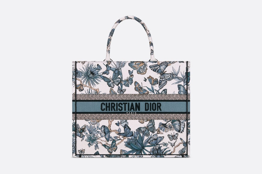 Large Dior Book Tote • White and Pastel Midnight Blue Toile de Jouy Mexico Embroidery (42 x 35 x 18.5 cm)
