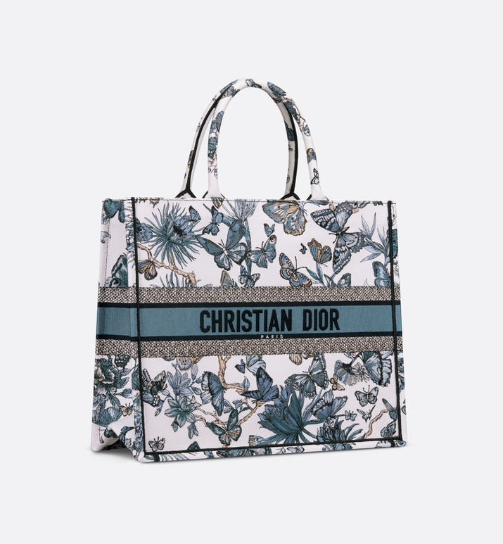 Large Dior Book Tote • White and Pastel Midnight Blue Toile de Jouy Mexico Embroidery (42 x 35 x 18.5 cm)