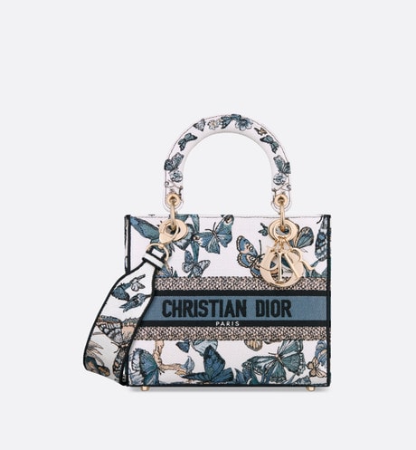 Medium Lady D-Lite Bag • White and Pastel Midnight Blue Toile de Jouy Mexico Embroidery