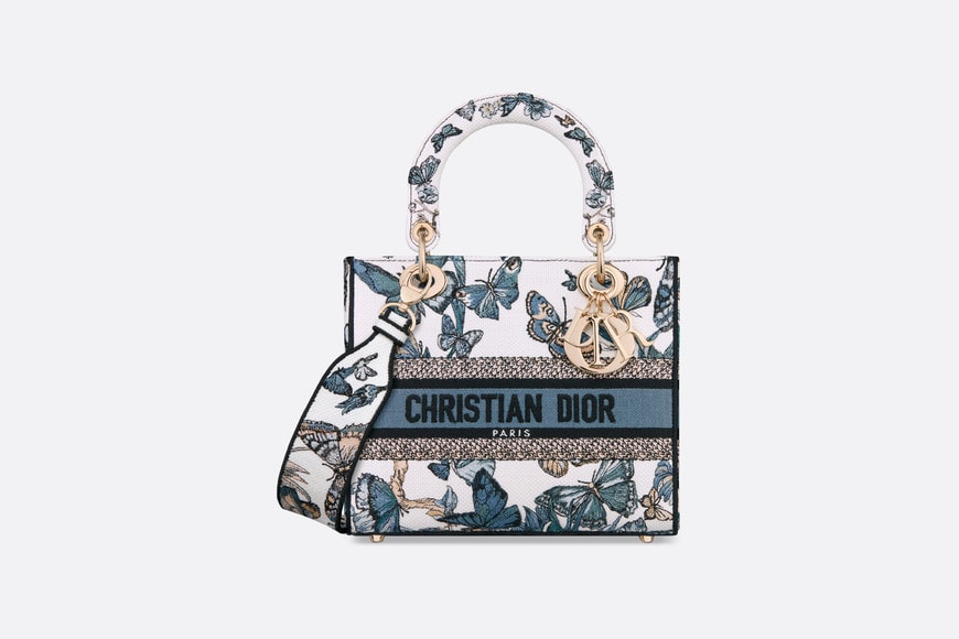 Medium Lady D-Lite Bag • White and Pastel Midnight Blue Toile de Jouy Mexico Embroidery