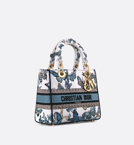 Medium Lady D-Lite Bag • White and Pastel Midnight Blue Toile de Jouy Mexico Embroidery