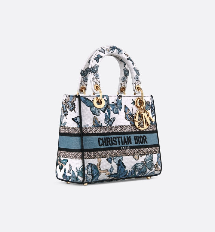 Medium Lady D-Lite Bag • White and Pastel Midnight Blue Toile de Jouy Mexico Embroidery