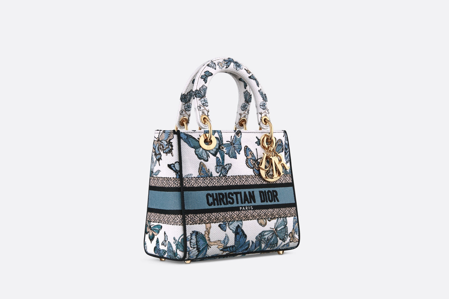 Medium Lady D-Lite Bag • White and Pastel Midnight Blue Toile de Jouy Mexico Embroidery