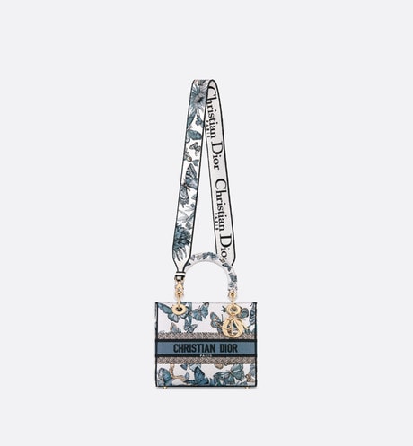 Medium Lady D-Lite Bag • White and Pastel Midnight Blue Toile de Jouy Mexico Embroidery