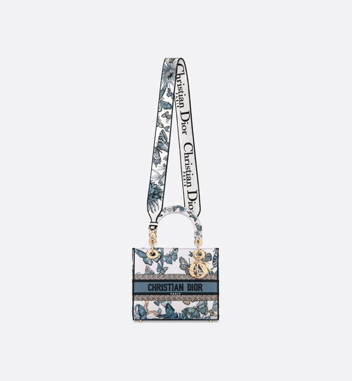 Medium Lady D-Lite Bag • White and Pastel Midnight Blue Toile de Jouy Mexico Embroidery
