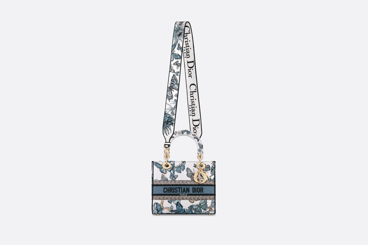 Medium Lady D-Lite Bag • White and Pastel Midnight Blue Toile de Jouy Mexico Embroidery