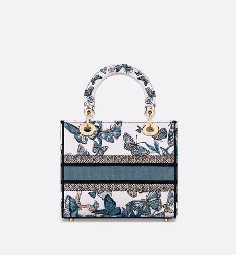 Medium Lady D-Lite Bag • White and Pastel Midnight Blue Toile de Jouy Mexico Embroidery