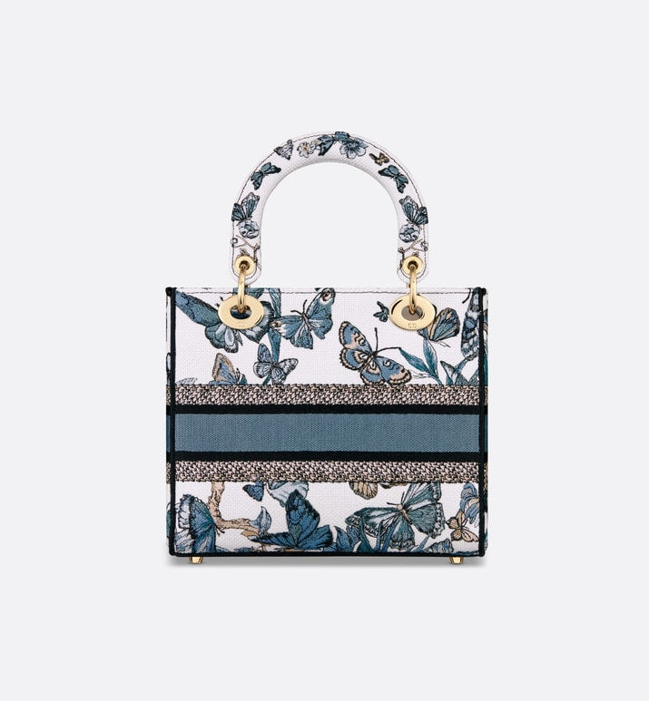 Medium Lady D-Lite Bag • White and Pastel Midnight Blue Toile de Jouy Mexico Embroidery