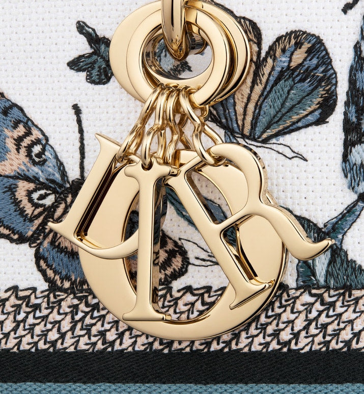 Medium Lady D-Lite Bag • White and Pastel Midnight Blue Toile de Jouy Mexico Embroidery