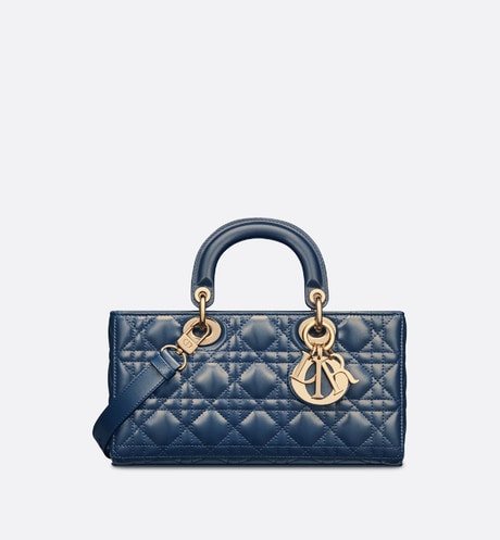 Medium Lady D-Joy Bag • Pastel Midnight Blue Glossy Iridescent Cannage Calfskin