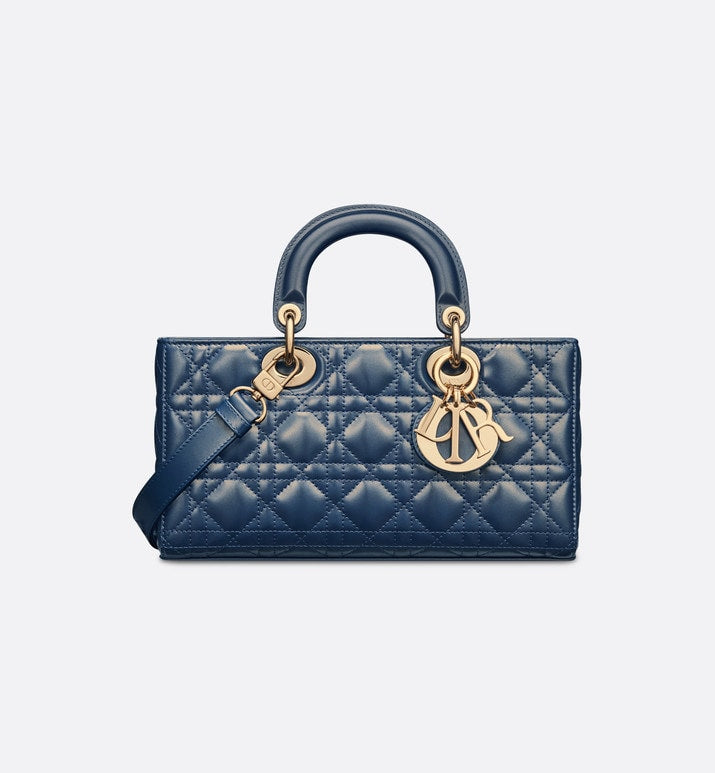 Medium Lady D-Joy Bag • Pastel Midnight Blue Glossy Iridescent Cannage Calfskin