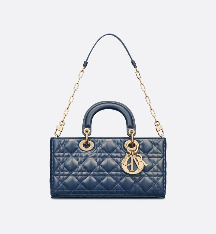 Medium Lady D-Joy Bag • Pastel Midnight Blue Glossy Iridescent Cannage Calfskin