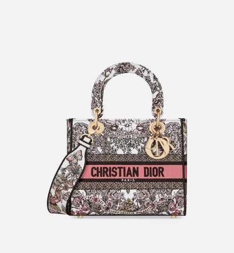 Medium Lady D-Lite Bag • White and Pastel Pink Butterfly Around The World Embroidery