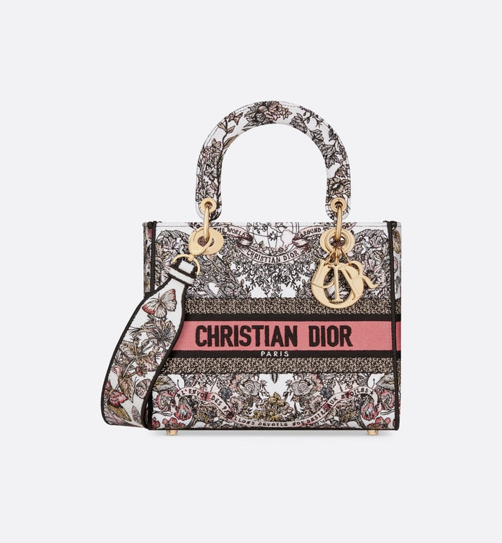 Medium Lady D-Lite Bag • White and Pastel Pink Butterfly Around The World Embroidery