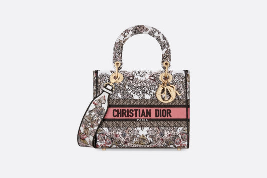 Medium Lady D-Lite Bag • White and Pastel Pink Butterfly Around The World Embroidery