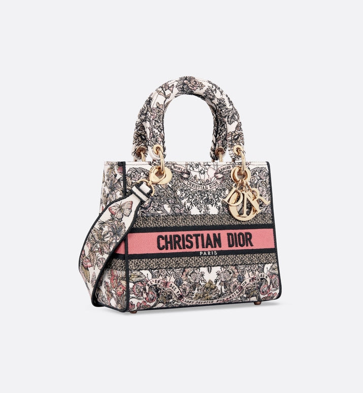Medium Lady D-Lite Bag • White and Pastel Pink Butterfly Around The World Embroidery