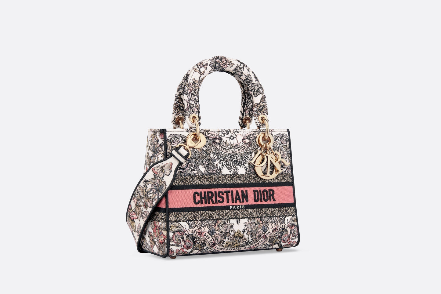 Medium Lady D-Lite Bag • White and Pastel Pink Butterfly Around The World Embroidery