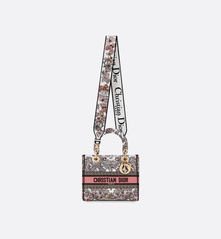 Medium Lady D-Lite Bag • White and Pastel Pink Butterfly Around The World Embroidery