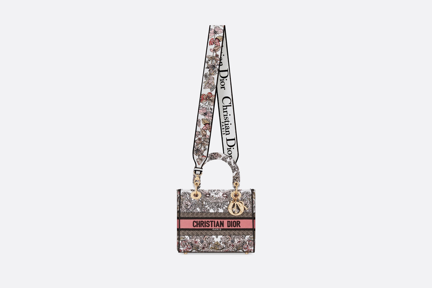 Medium Lady D-Lite Bag • White and Pastel Pink Butterfly Around The World Embroidery