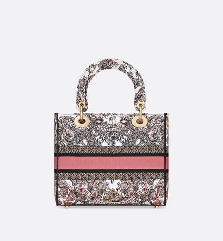 Medium Lady D-Lite Bag • White and Pastel Pink Butterfly Around The World Embroidery