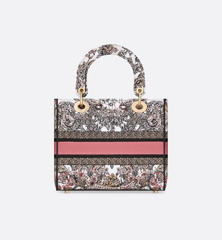 Medium Lady D-Lite Bag • White and Pastel Pink Butterfly Around The World Embroidery