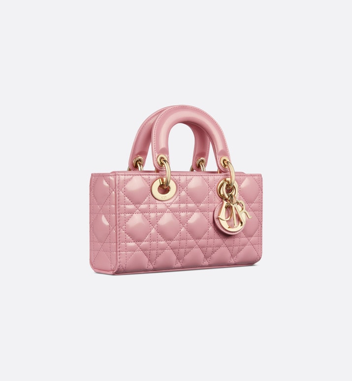 Small Lady D-Joy Bag • Melocoton Pink Glossy Iridescent Cannage Calfskin