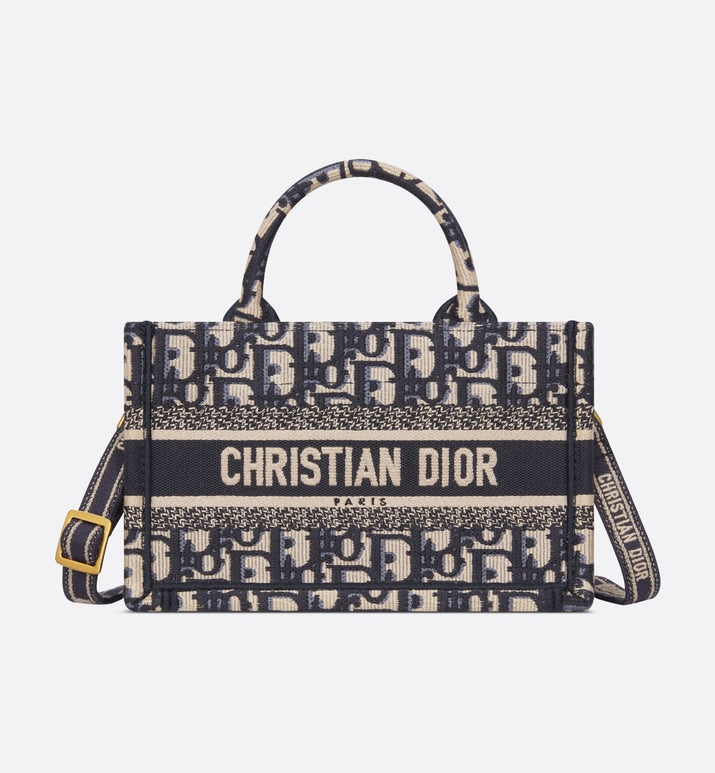 Dior Book Tote Mini Tote with Strap • Blue and Beige Dior Oblique Embroidery (21.5 x 13 x 7.5 cm)