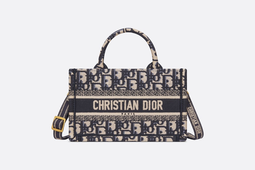 Dior Book Tote Mini Tote with Strap • Blue and Beige Dior Oblique Embroidery (21.5 x 13 x 7.5 cm)