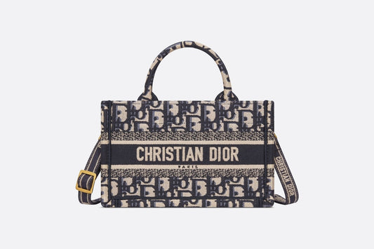 Dior Book Tote Mini Tote with Strap • Blue and Beige Dior Oblique Embroidery (21.5 x 13 x 7.5 cm)