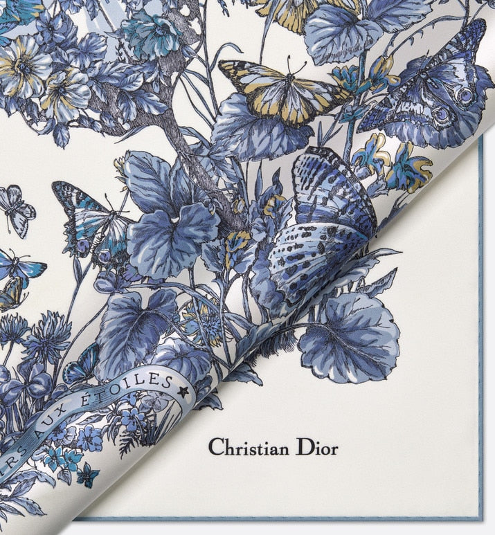 Butterfly Around the World 90 Square Scarf • White and Pastel Midnight Blue Silk Twill