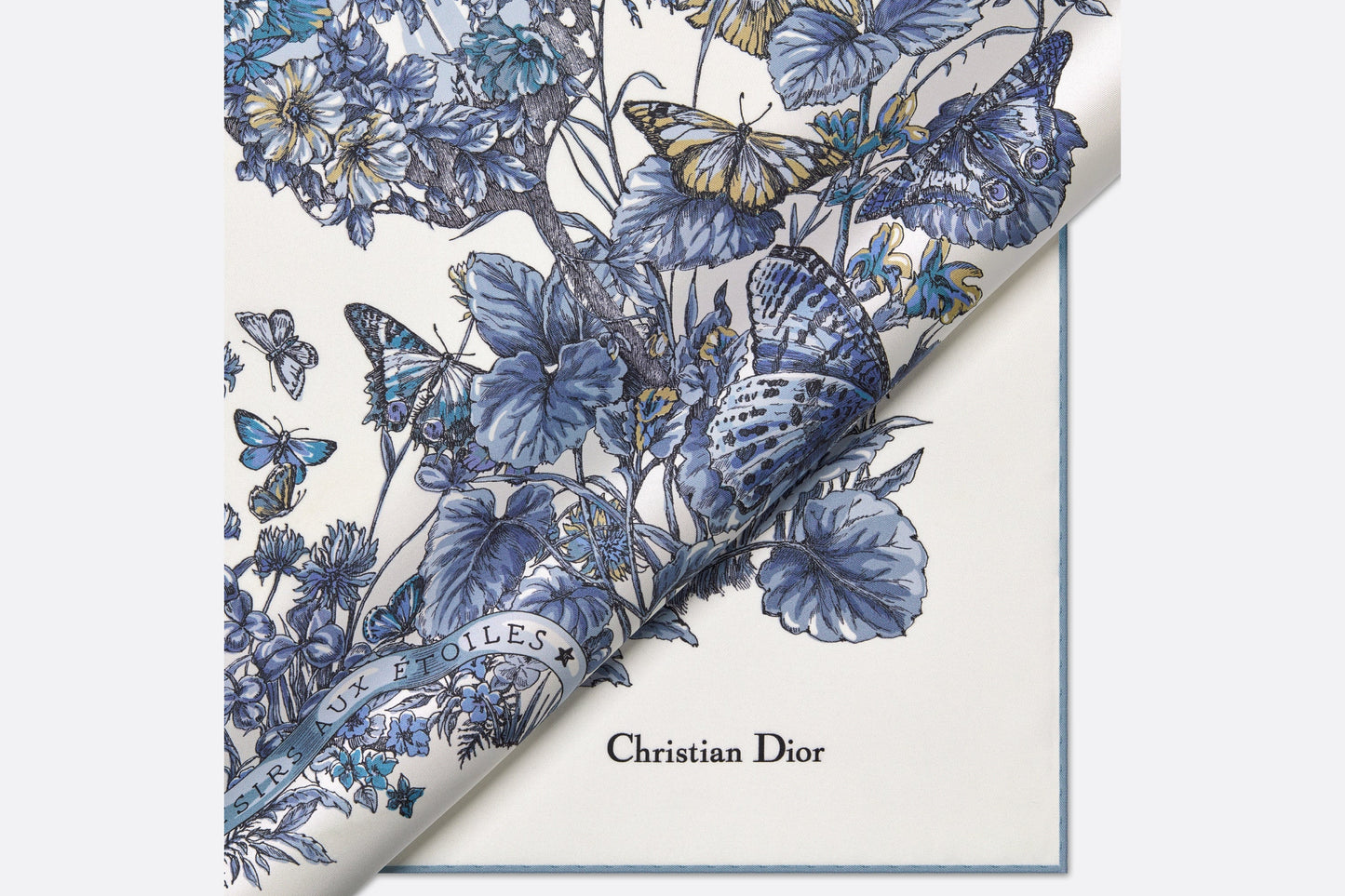 Butterfly Around the World 90 Square Scarf • White and Pastel Midnight Blue Silk Twill