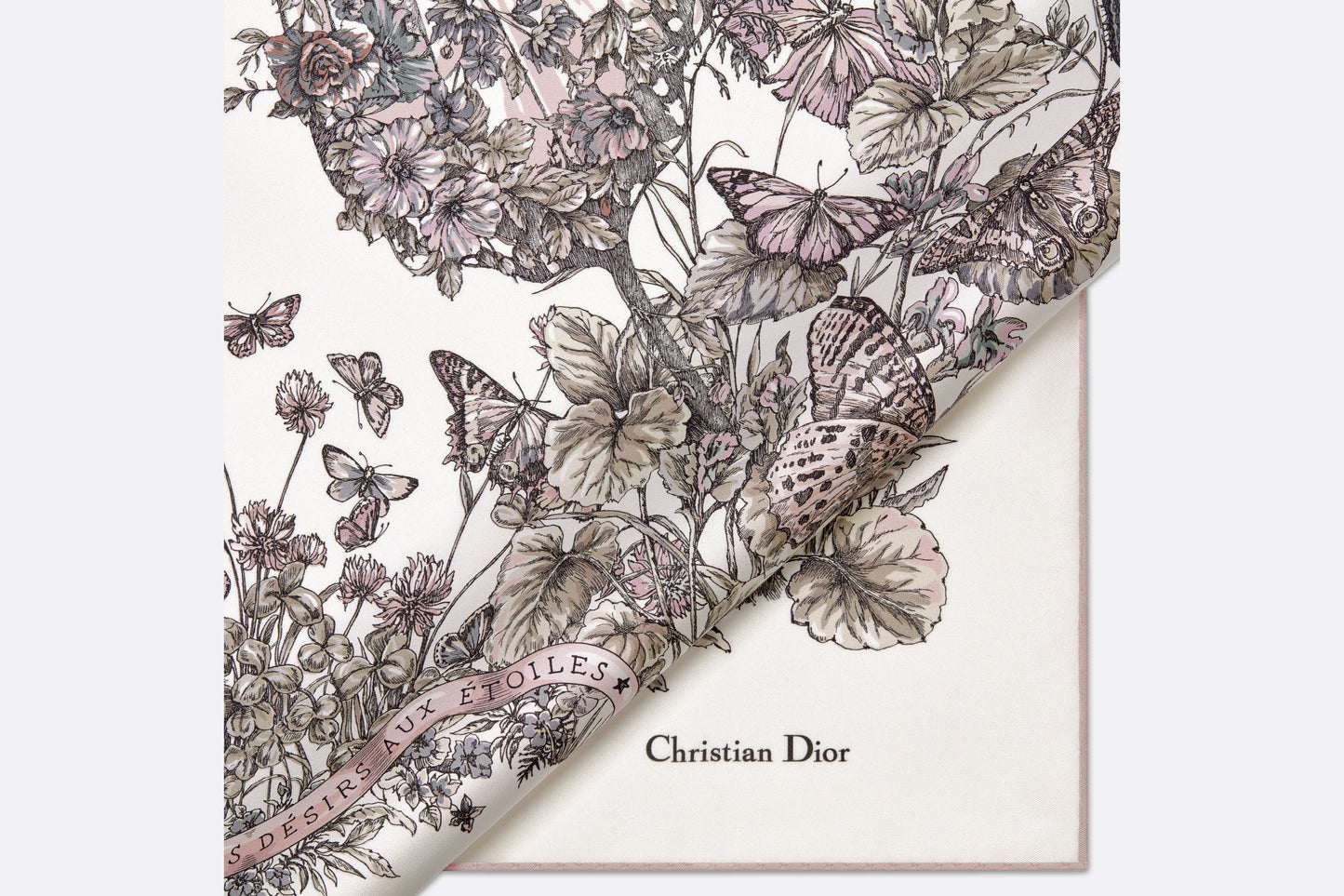 Butterfly Around the World 90 Square Scarf • White and Pastel Pink Silk Twill