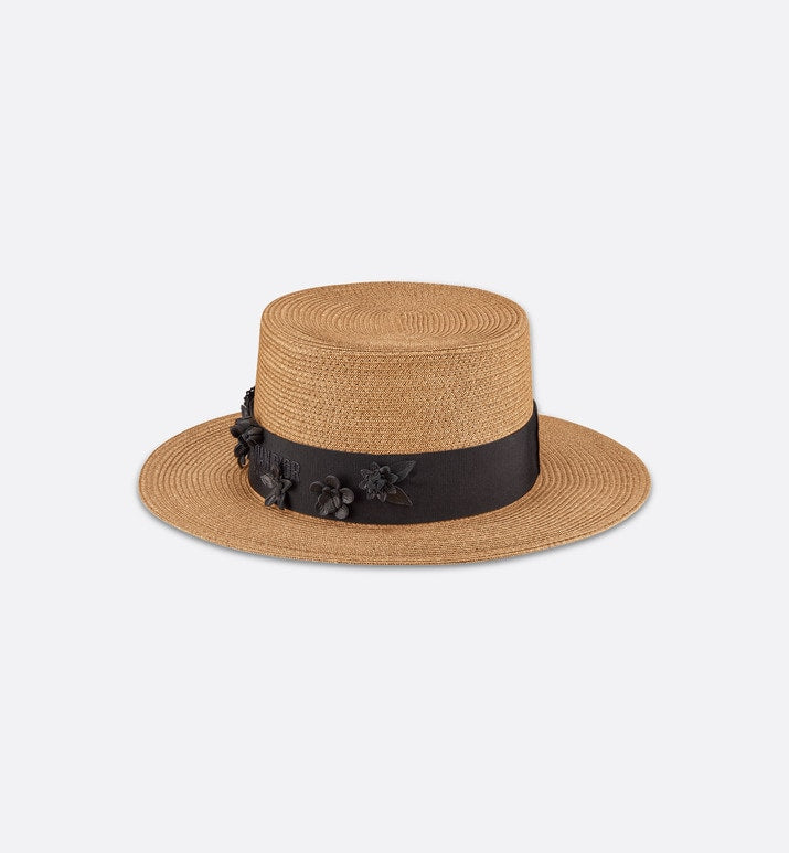 Diorodeo Small Brim Hat • Natural Straw and Black Smooth Calfskin with Three-Dimensional Flowers