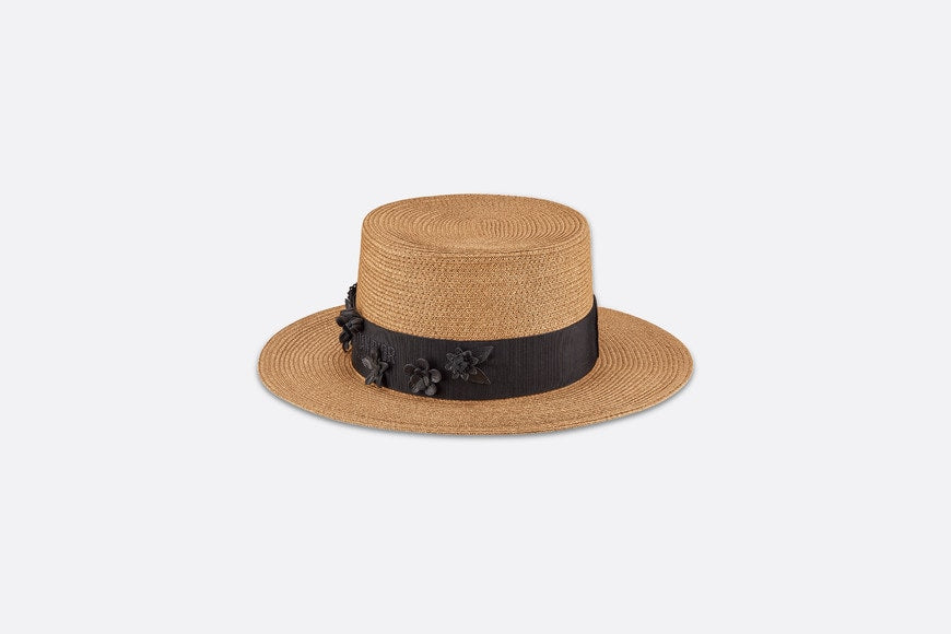Diorodeo Small Brim Hat • Natural Straw and Black Smooth Calfskin with Three-Dimensional Flowers